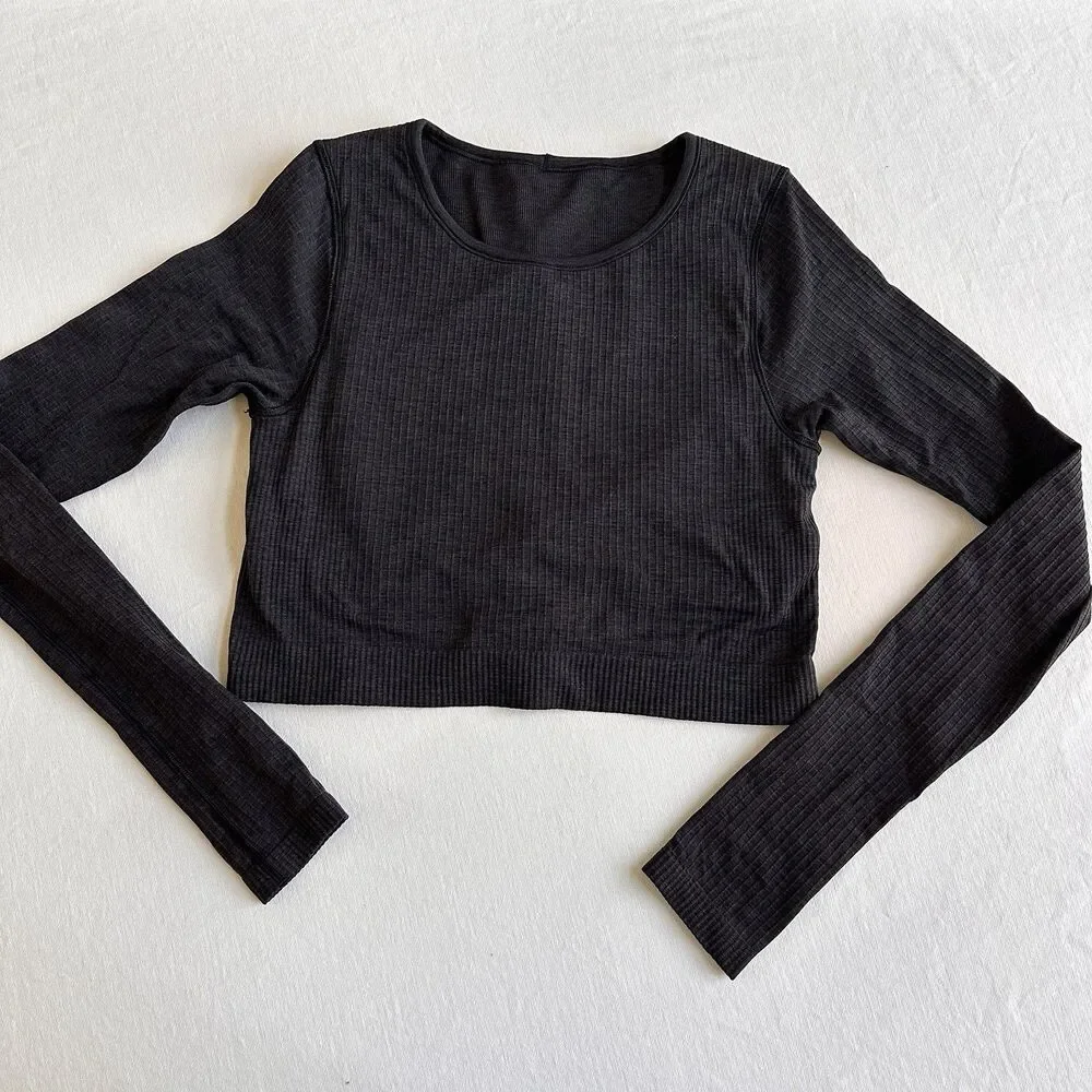 Lululemon Ebb To Street Long Sleeve Ribbed Crop Top Women’s Black SIZE 8
